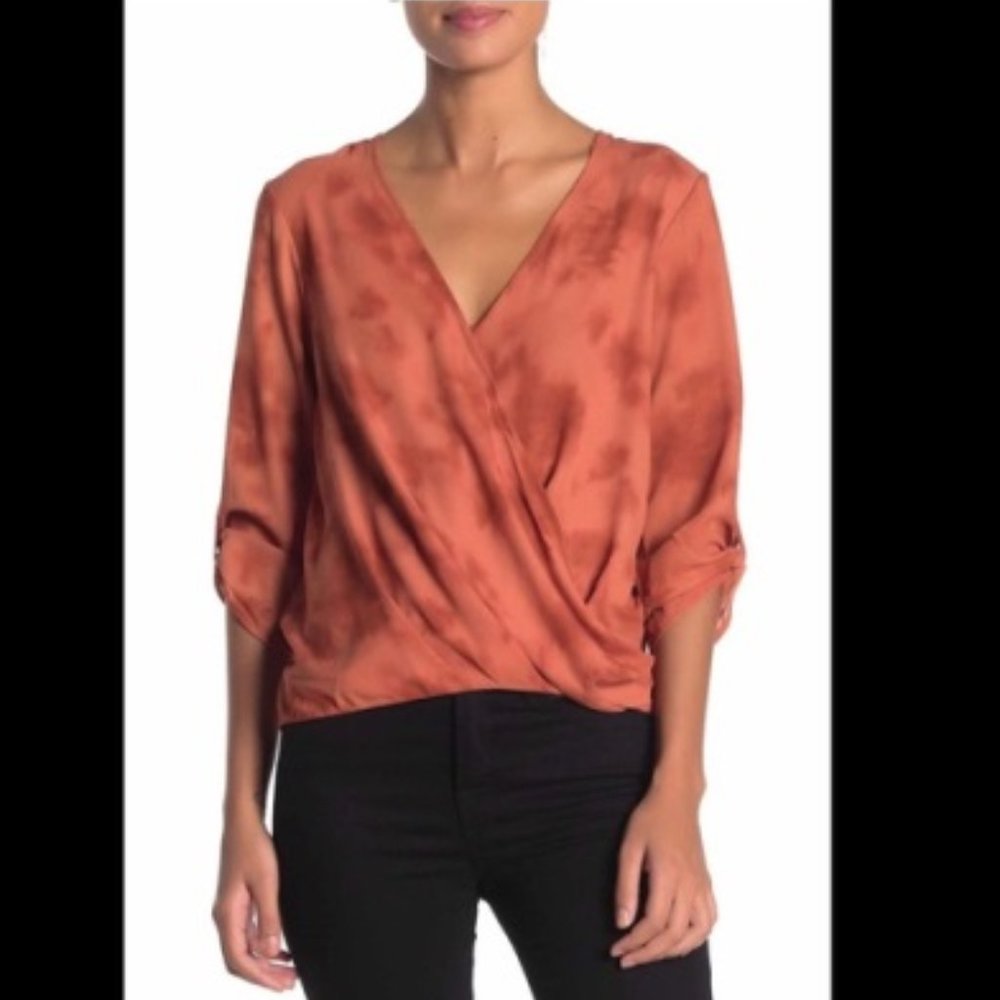 Lush Crossover Print Low Hem Blouse